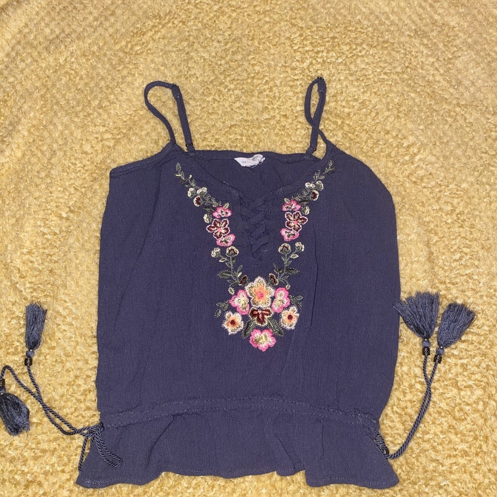 blueish/gray tank with embroidery detail